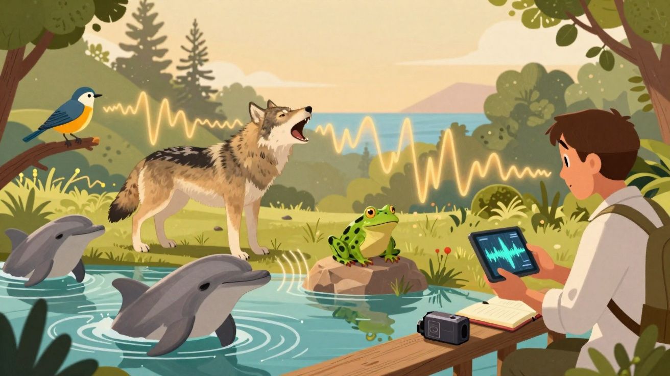 Homem com tablet grava sons de animais na natureza, incluindo lobo, rã, golfinhos e pássaro junto a lago e árvores.