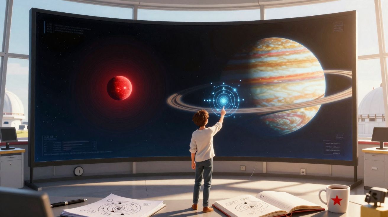 Criança interage com grande ecrã digital mostrando planetas num ambiente moderno e luminoso de observatório.