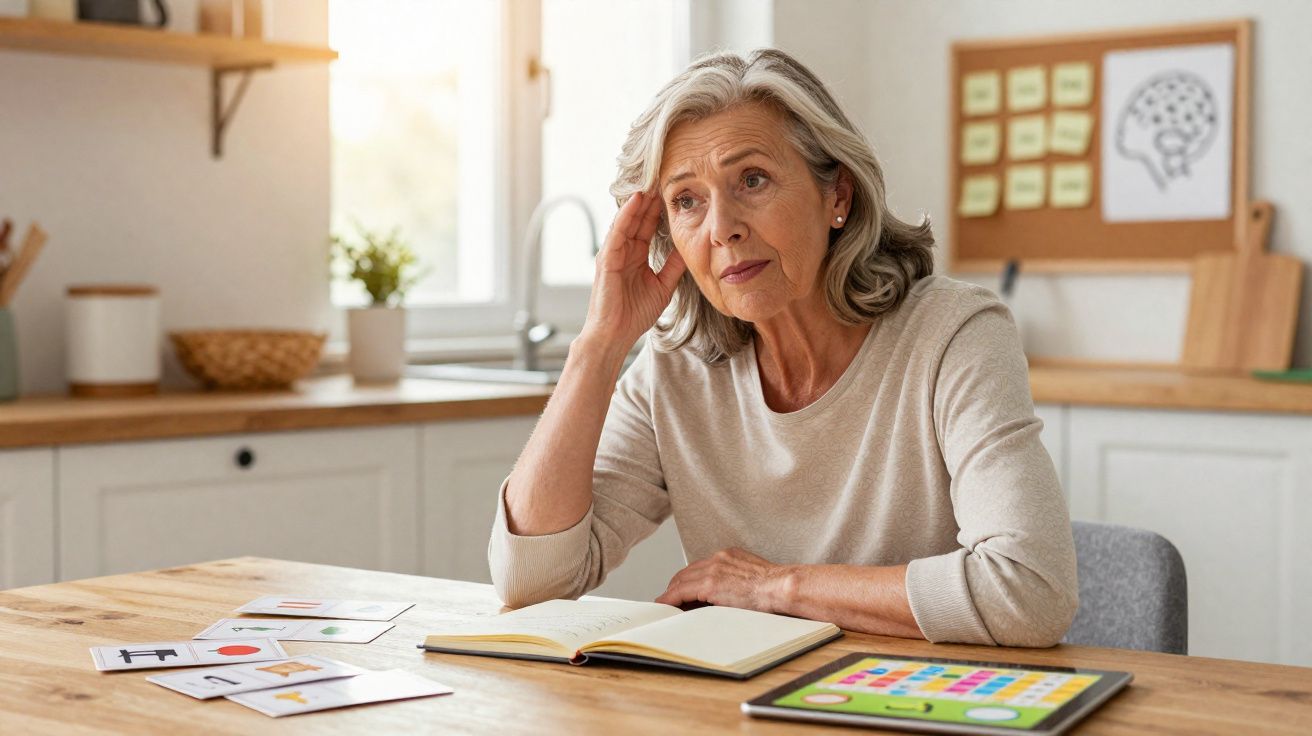 Mulher sénior sentada à mesa, pensativa, rodeada de materiais de estudo e um tablet numa cozinha iluminada.