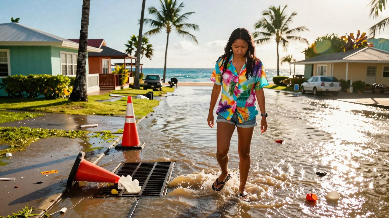 Mulher de camisa florida caminha em estrada inundada com caixas de plástico e cones de trânsito espalhados, céu claro.