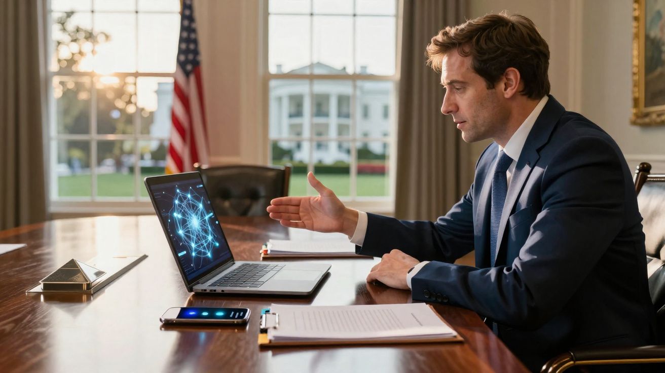 Homem de fato sentado numa mesa a interagir com um computador portátil numa sala com bandeira dos EUA.