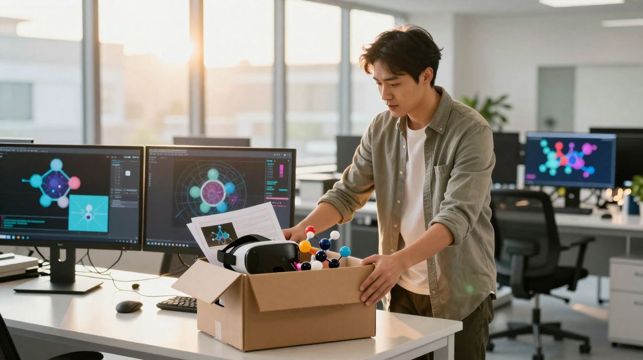 Homem jovem a desempacotar caixa com equipamento de realidade virtual e modelos moleculares num escritório moderno.