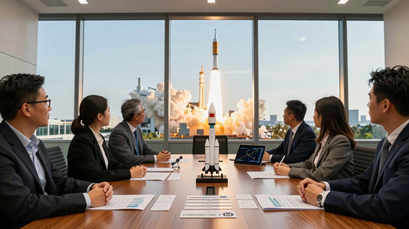 Reunião de seis pessoas num escritório a observar lançamento de foguetão pela janela com modelo do foguetão em cima da mesa.