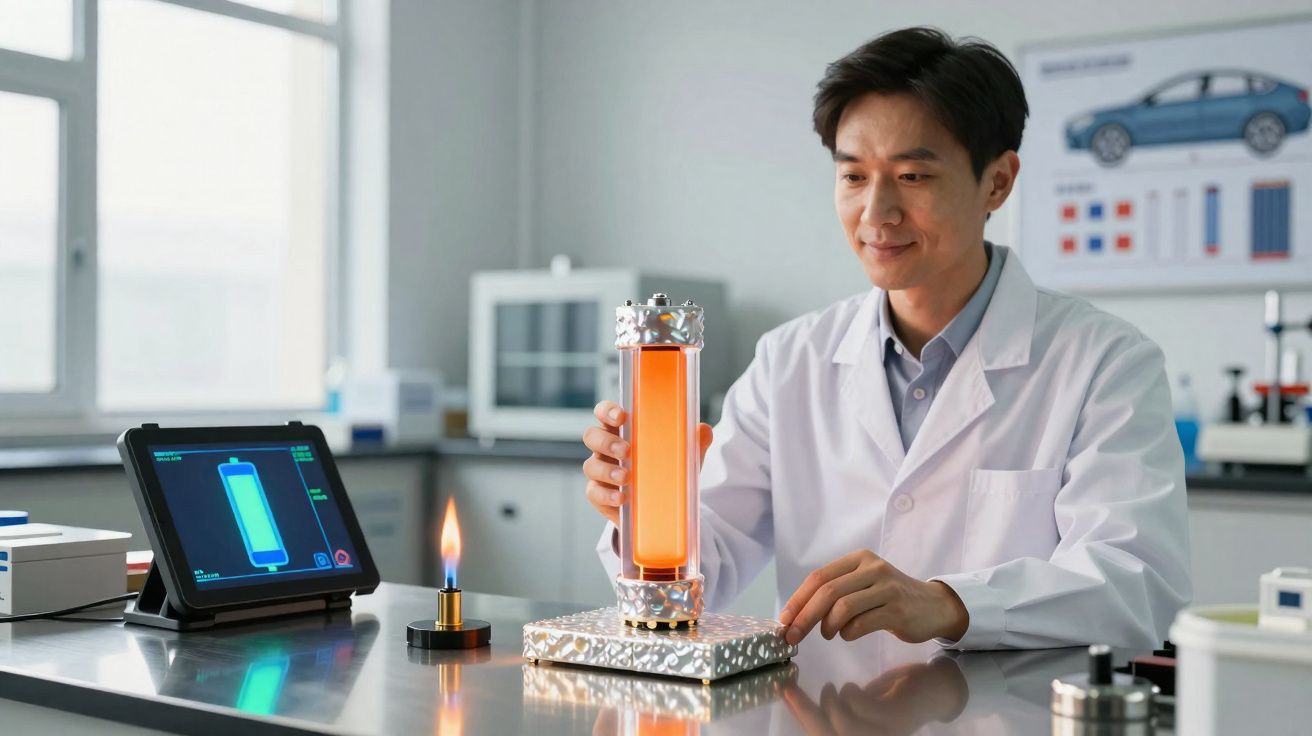 Homem de bata branca manuseia célula de combustível laranja num laboratório moderno com monitor e chama ao lado.