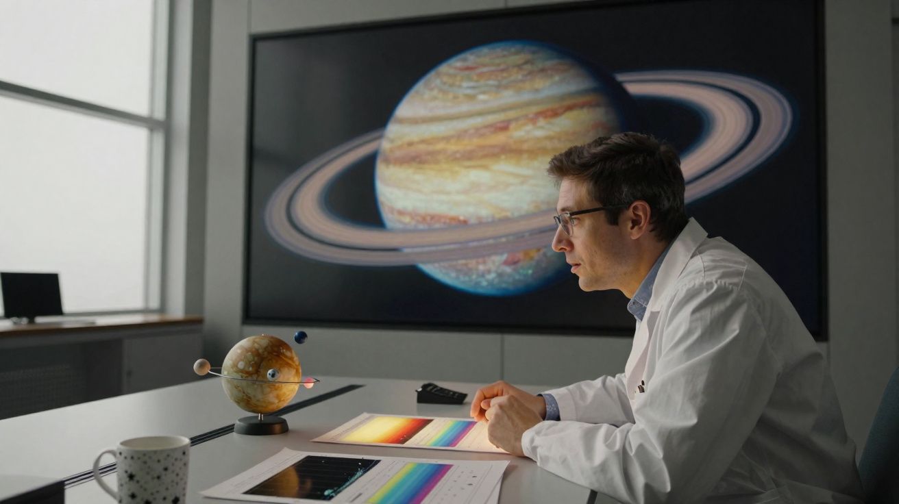 Homem de bata branca observa modelo do sistema solar numa sala com imagem de planeta com anéis ao fundo.
