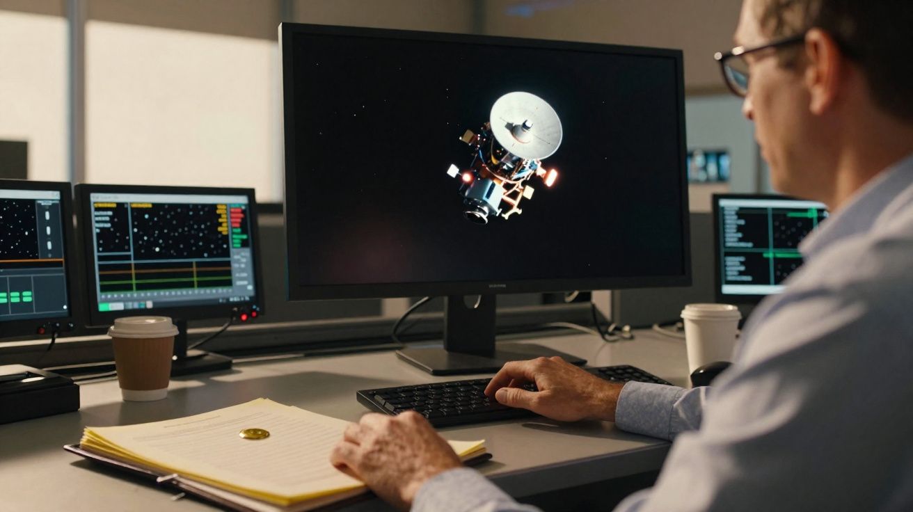 Homem a trabalhar num computador com imagem de uma sonda espacial na tela num ambiente de escritório.