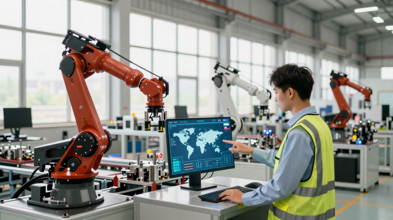 Engenheiro a monitorizar braços robóticos numa fábrica moderna com ecrã tátil mostrando mapa-múndi.