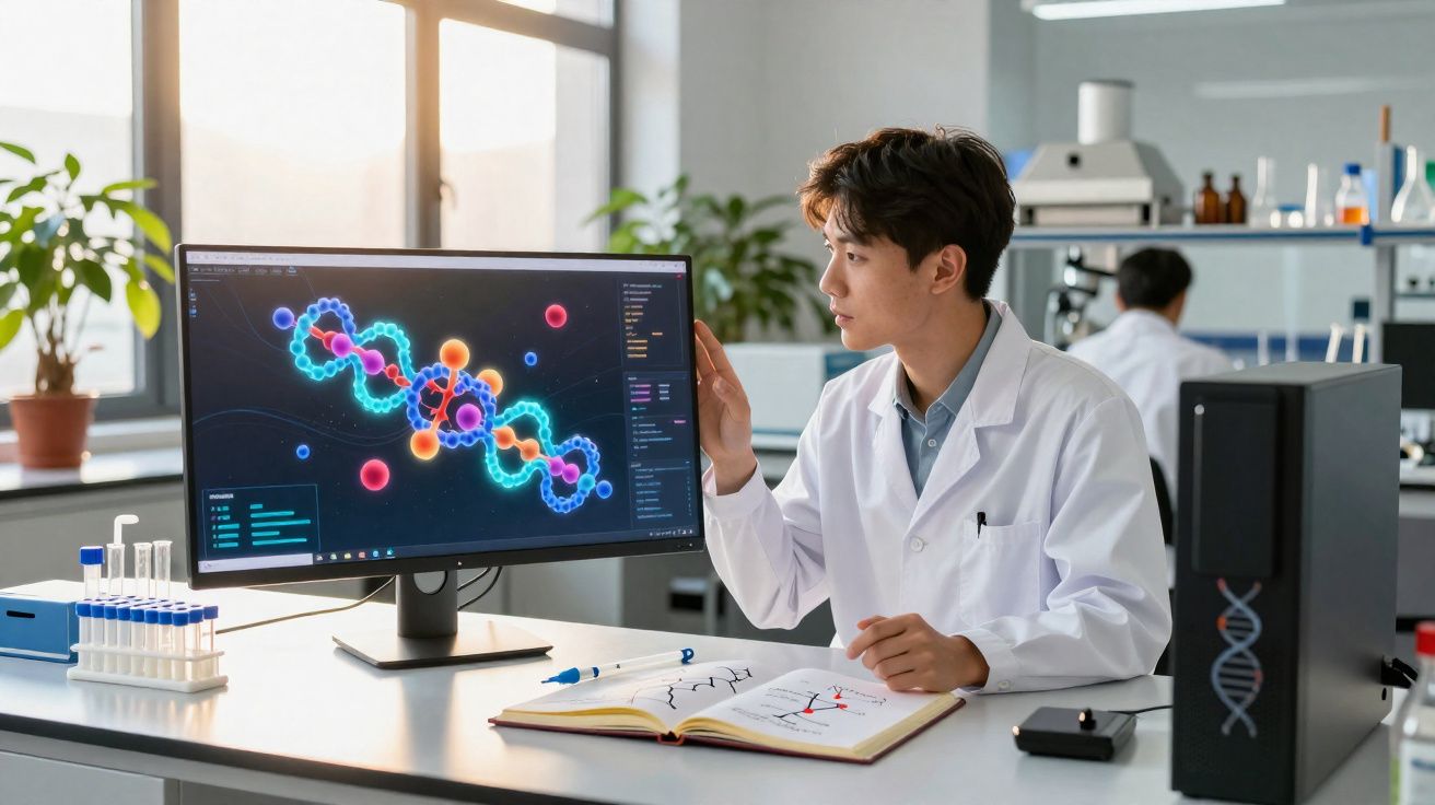Cientista em laboratório analisa modelo digital de DNA num ecrã de computador, com livro de anotações aberto à sua frente.