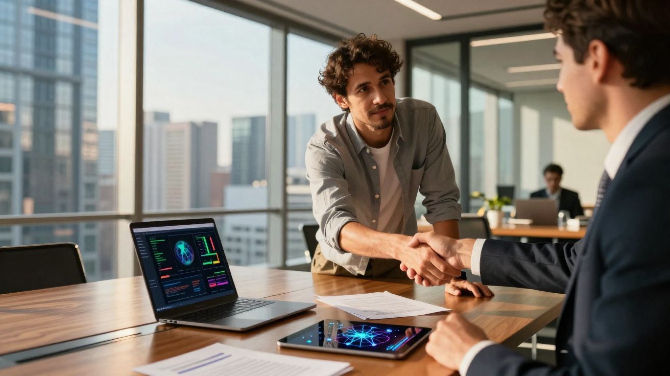 Dois homens fazem um aperto de mão numa sala de reuniões moderna com computadores e documentos sobre a mesa.