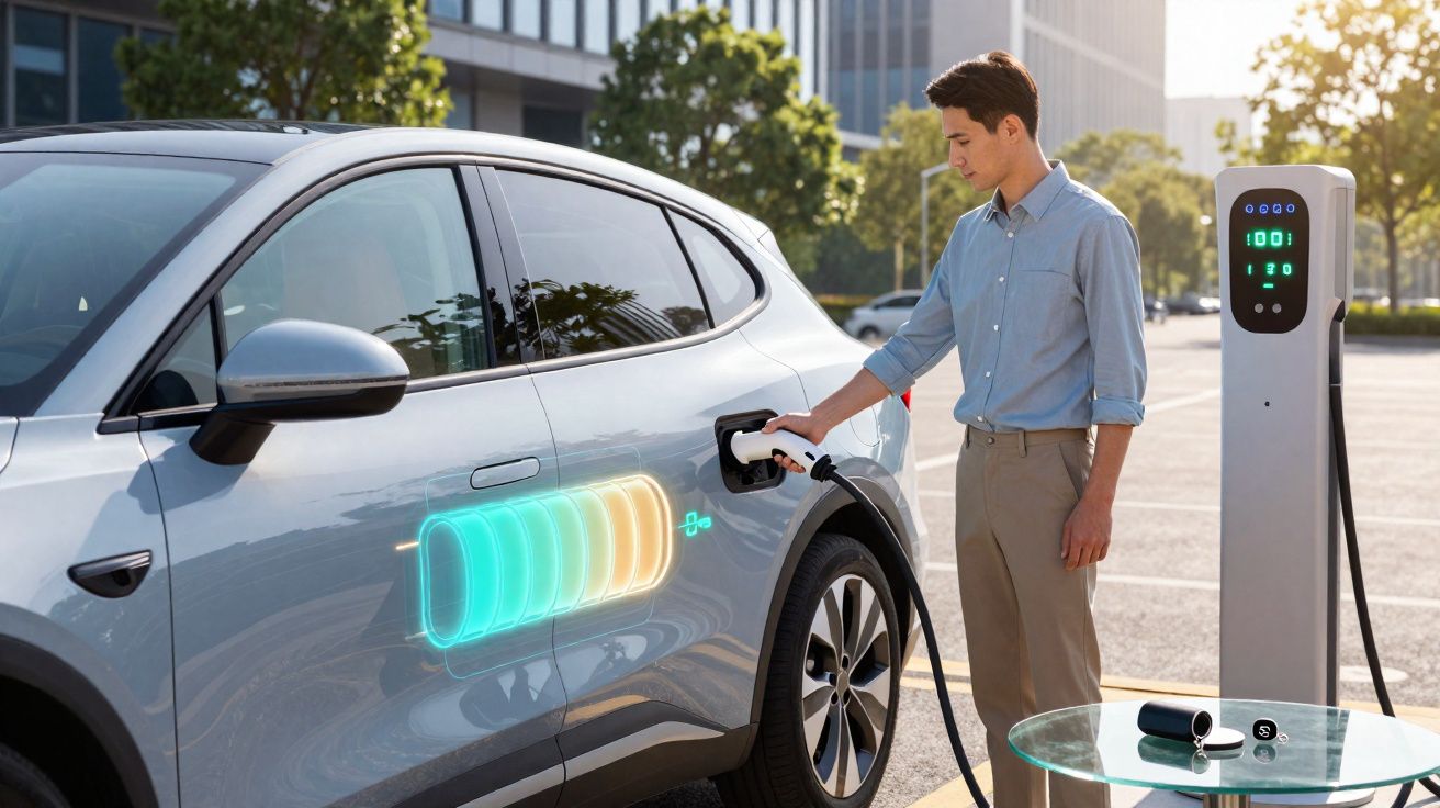 Homem a carregar um carro elétrico branco numa estação de carregamento urbana ao ar livre.