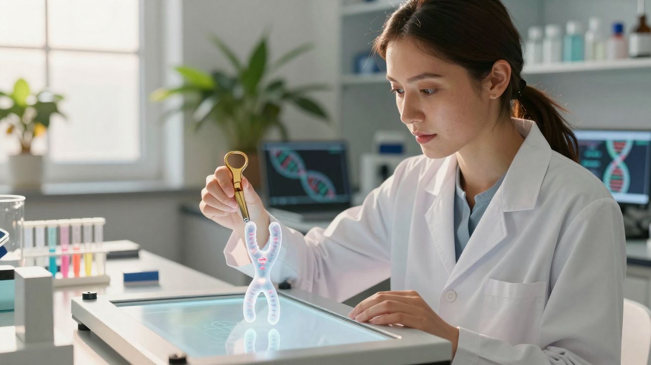 Cientista em laboratório a manipular imagem digital de um cromossoma com pipeta.