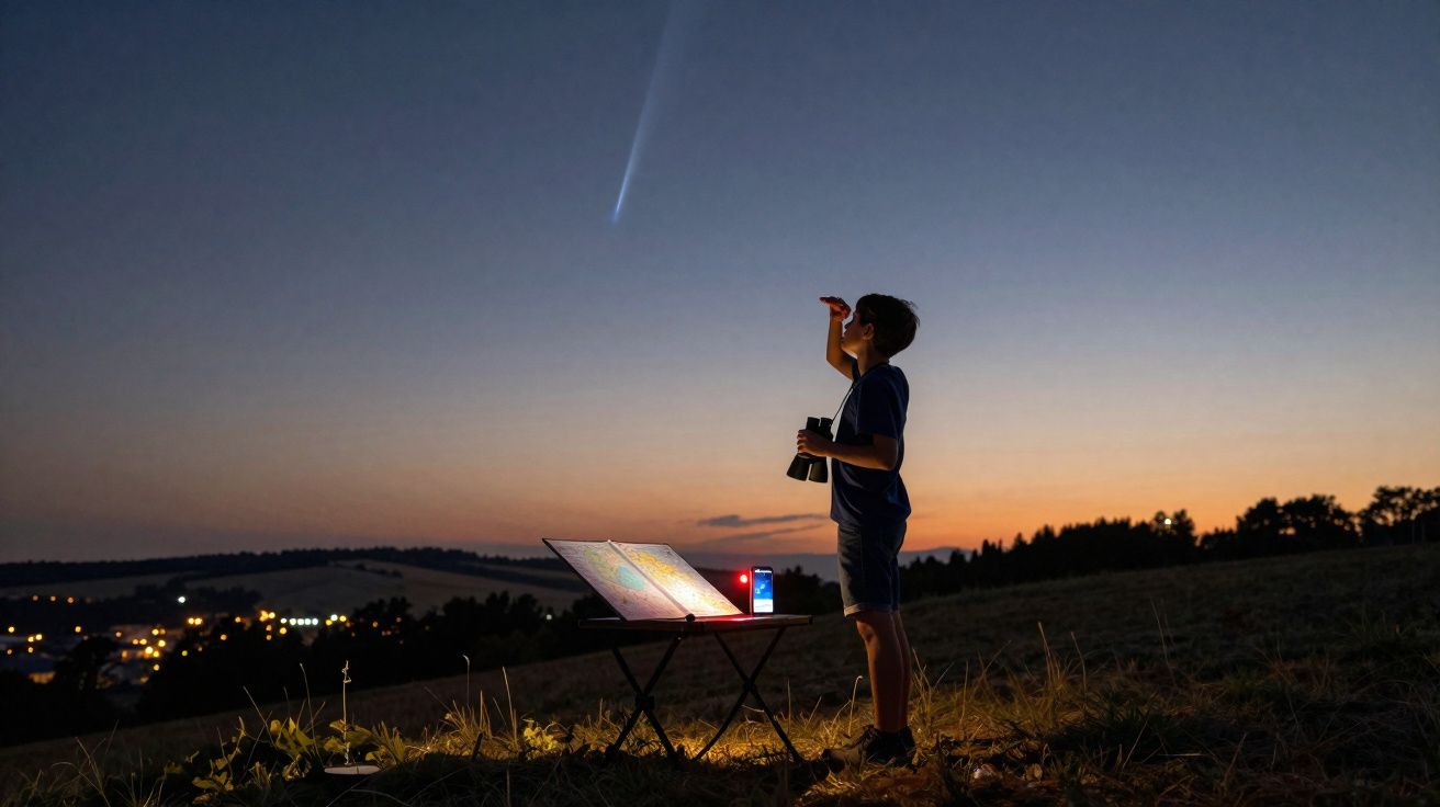 Criança observa com binóculos um fenómeno luminoso no céu ao anoitecer numa paisagem rural com cidade ao fundo.
