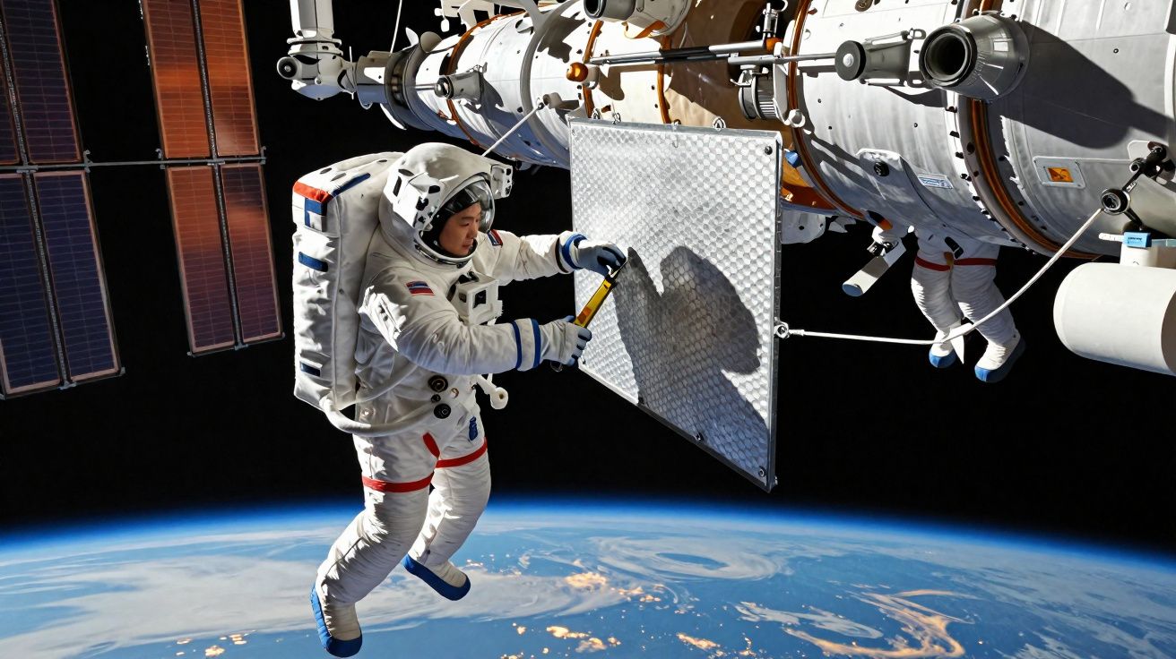 Astronauta em traje espacial a trabalhar na estação espacial em órbita da Terra.