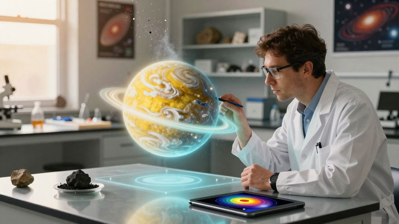 Cientista em laboratório interage com modelo digital holográfico de planeta com anéis e nuvens.