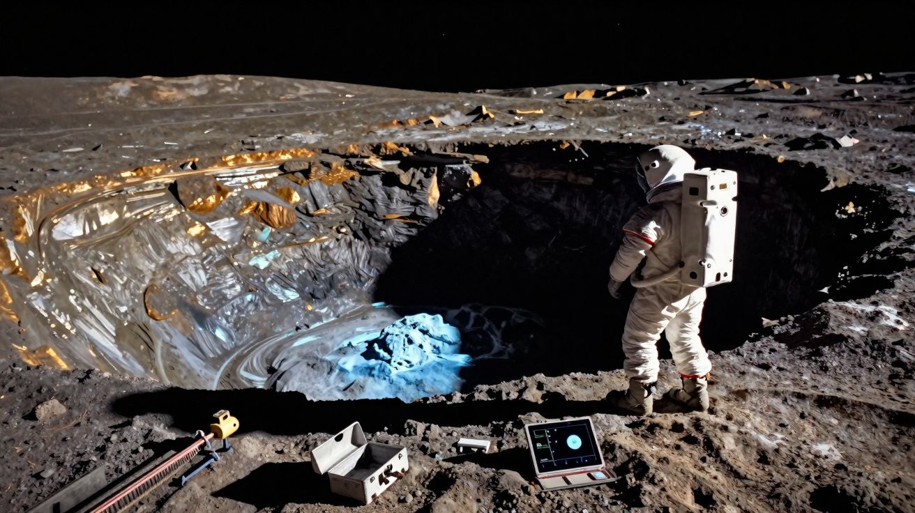 Astronauta em fato espacial observa cratera iluminada na superfície lunar com equipamentos ao redor.