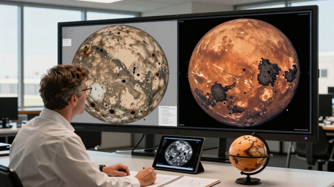 Pessoa sentada a observar imagens detalhadas de planetas em dois ecrãs e num tablet, com um globo na secretária.