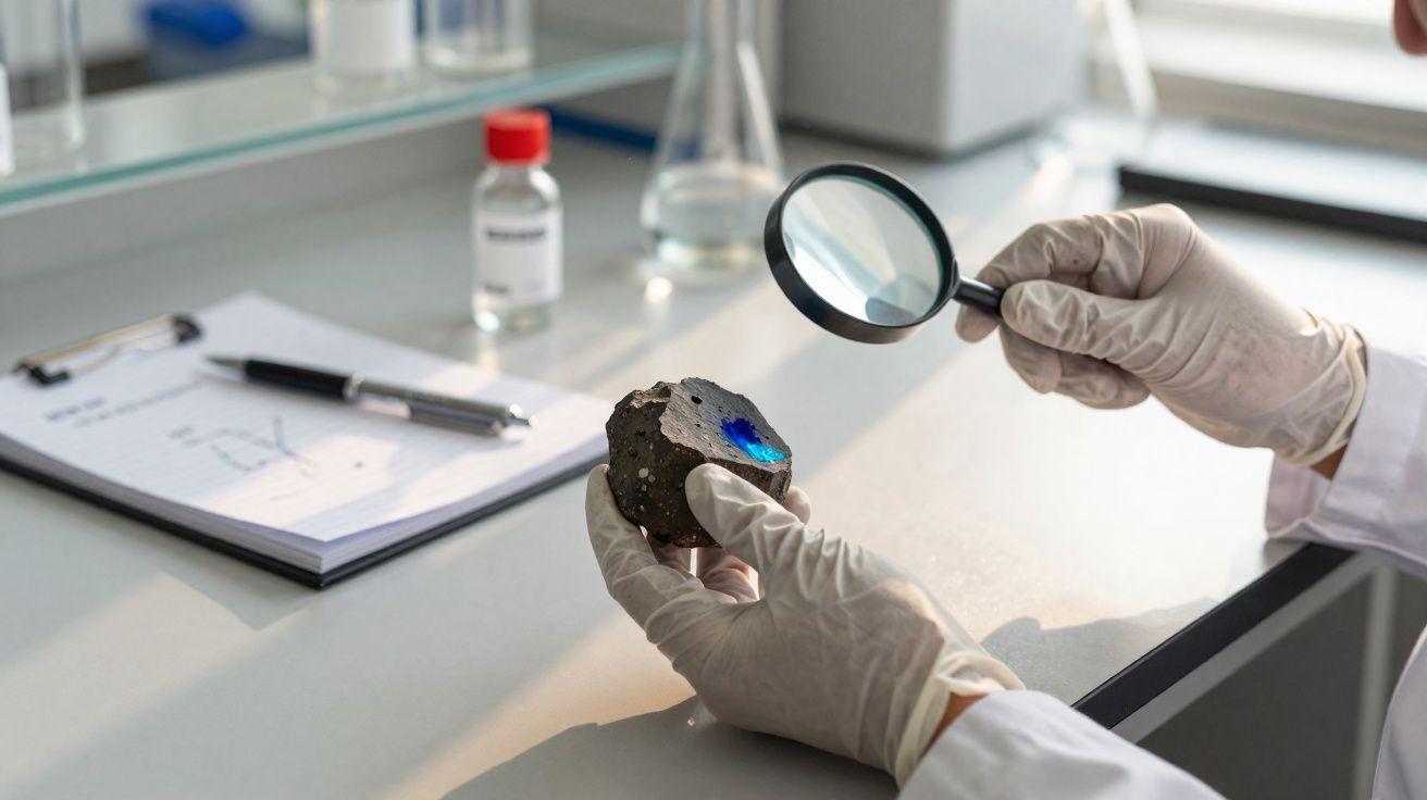 Mãos com luvas seguram uma rocha com brilho azul sob lupa em laboratório com prancheta e frasco.