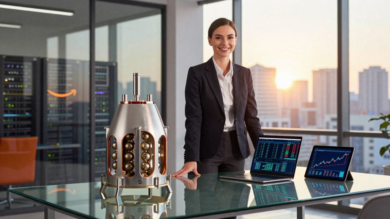 Mulher de negócios sorridente em escritório moderno com laptop, tablet e dispositivo tecnológico futurista na mesa.