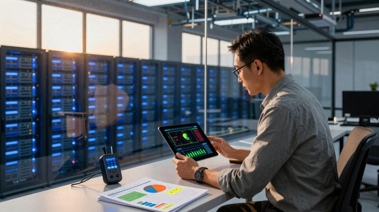 Homem sentado a analisar gráficos num tablet numa sala de servidores com equipamentos tecnológicos.