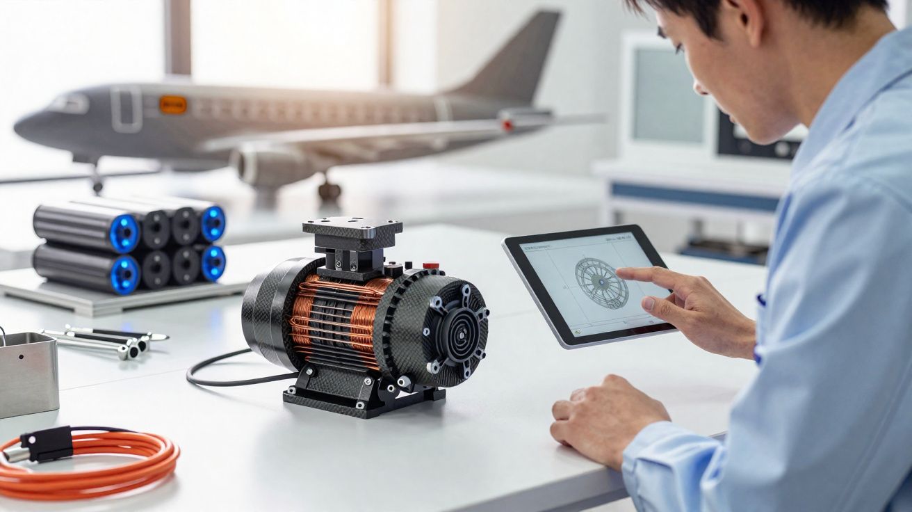 Engenheiro analisa projeto digital de motor elétrico num tablet, com modelo de avião e baterias ao fundo.
