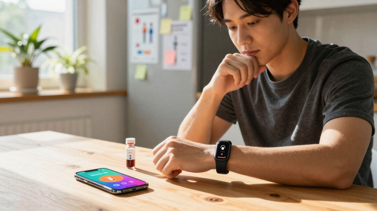 Homem a usar relógio inteligente, sentado à mesa com smartphone e frasco de medicação à frente.