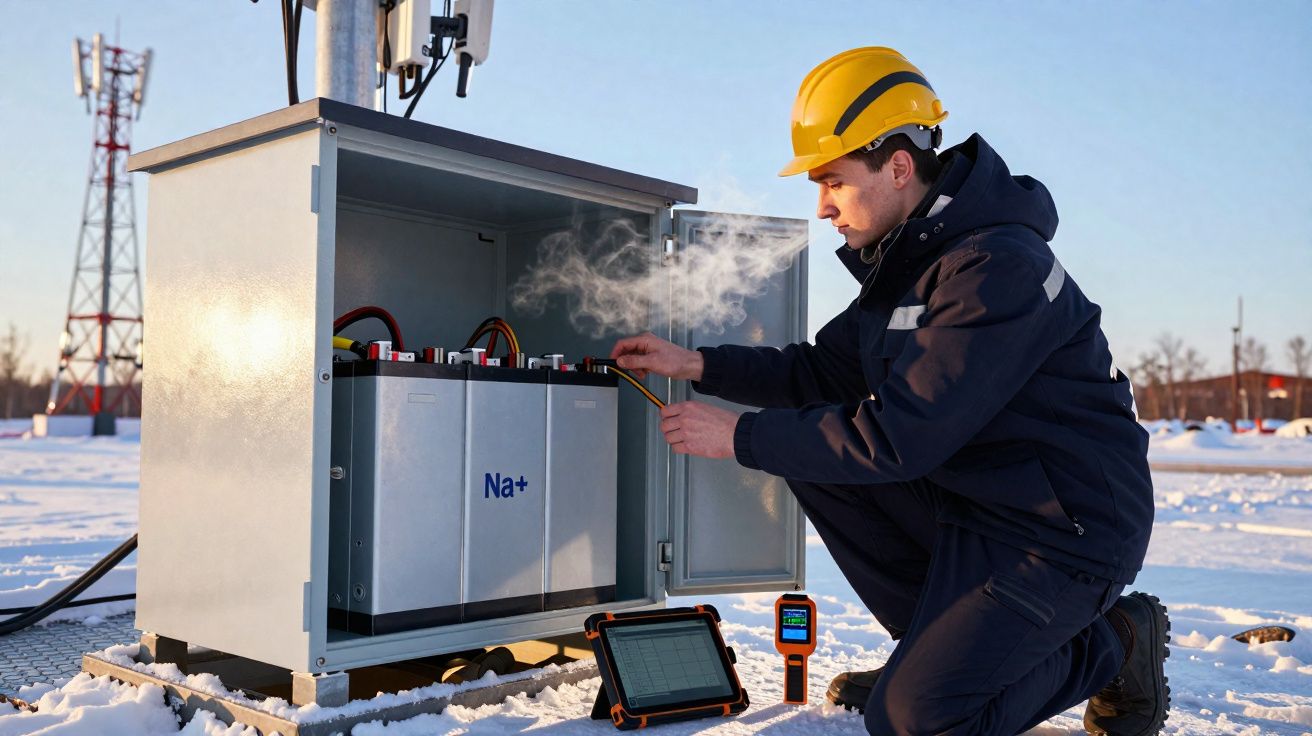 Técnico com capacete amarelo a inspecionar bateria Na+ em equipamento ao ar livre na neve.