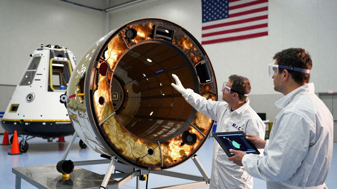 Dois técnicos da NASA analisam módulo espacial com tablet e visores protetores em laboratório, bandeira dos EUA ao fundo.