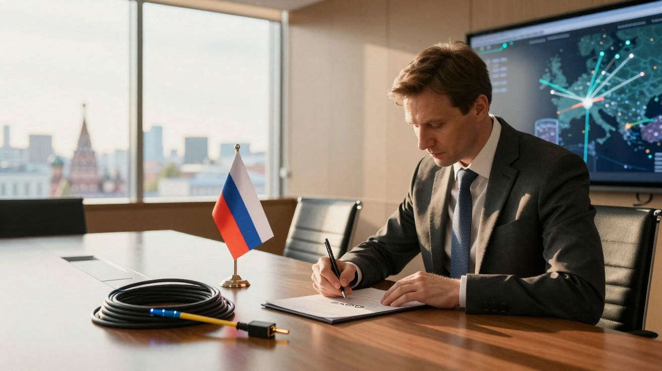 Homem de fato sentado à mesa a escrever em folha, com bandeira russa e cabo elétrico à frente.