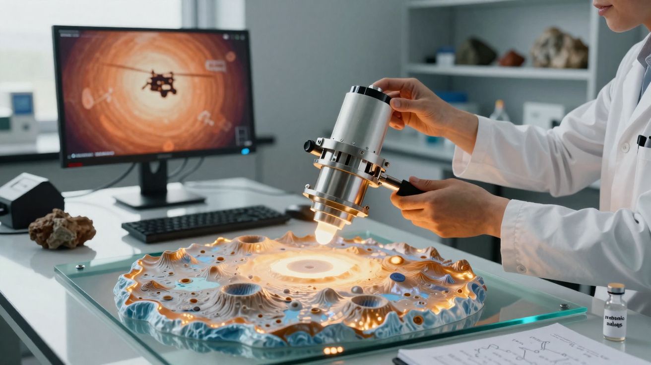 Pesquisador em laboratório a analisar relevo lunar iluminado, com modelo 3D e monitor ao fundo.