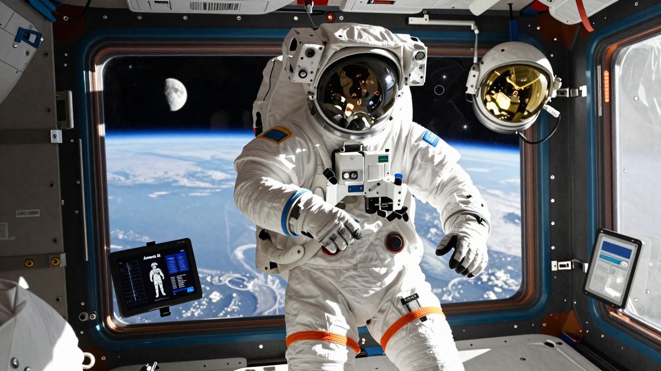 Astronauta em fato espacial dentro da estação espacial com vista da Terra e da Lua no exterior.
