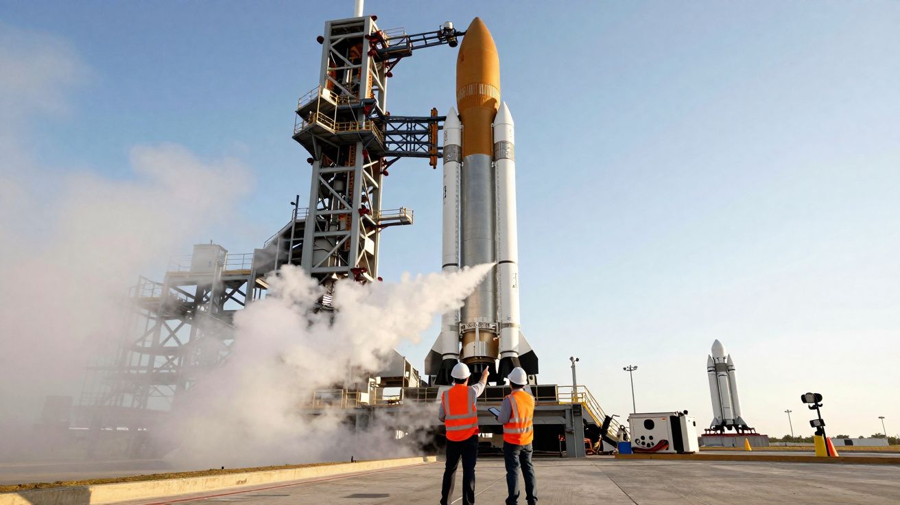 Dois técnicos observam foguete na plataforma de lançamento com nuvens de vapor em ambiente claro.