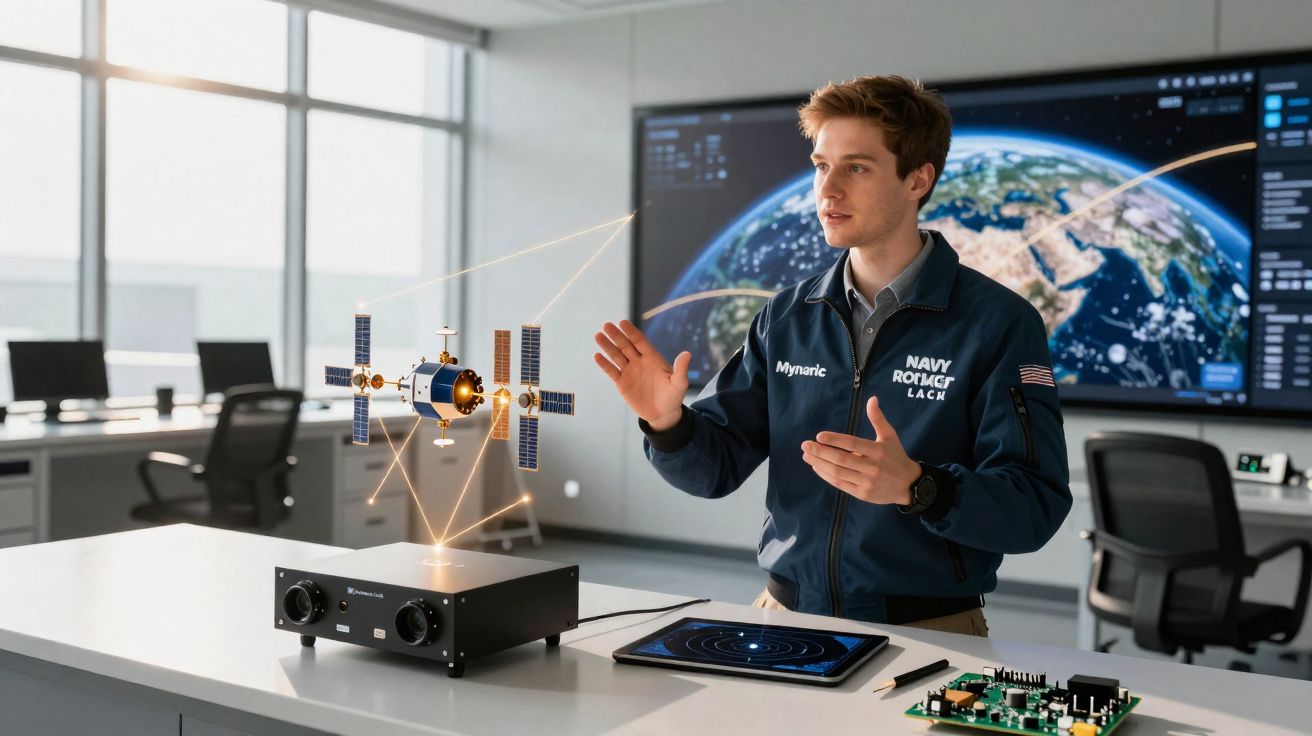 Homem com jaqueta da Marinha dos EUA interage com modelo holográfico de satélite em laboratório tecnológico moderno.