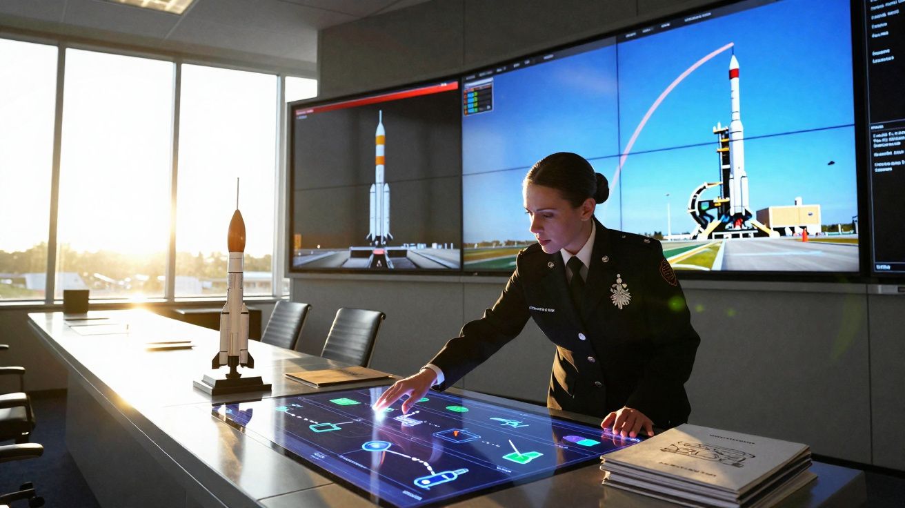 Mulher militar interage com ecrã tátil futurista numa sala de controlo com simuladores de foguetão.