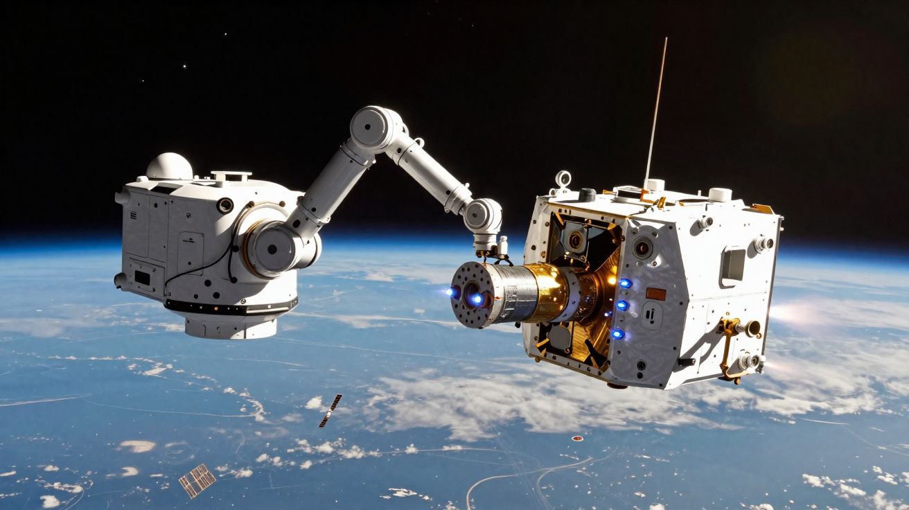 Braço robótico a ligar dois módulos espaciais em órbita com a Terra ao fundo.