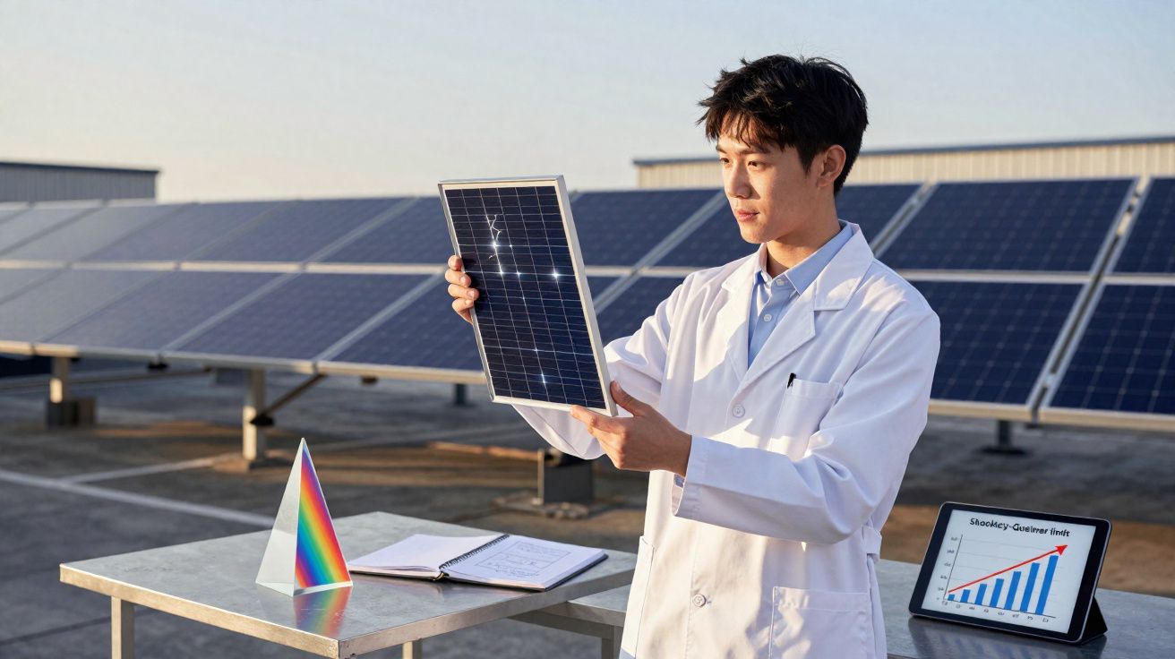 Homem com bata branca analisa painel solar no espaço com vários painéis solares em fundo.