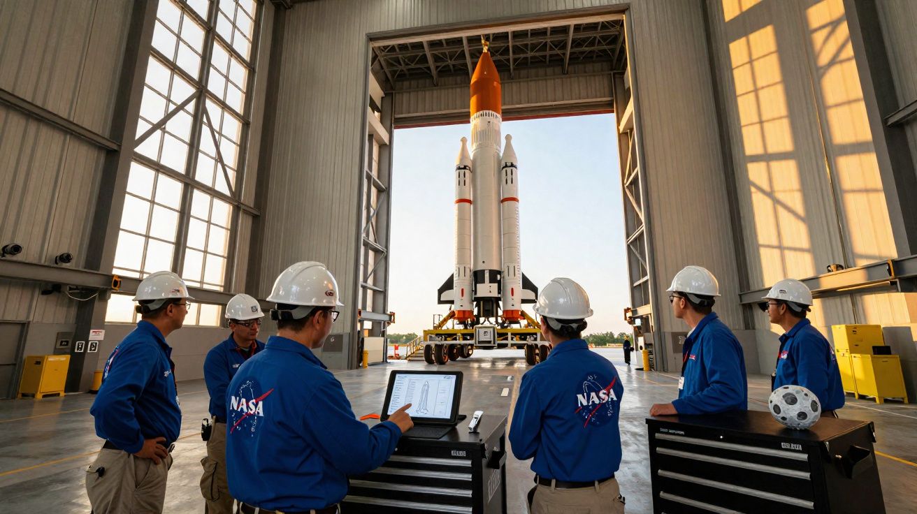Técnicos da NASA em fato azul e capacete branco observam foguete dentro de hangar com luz natural.