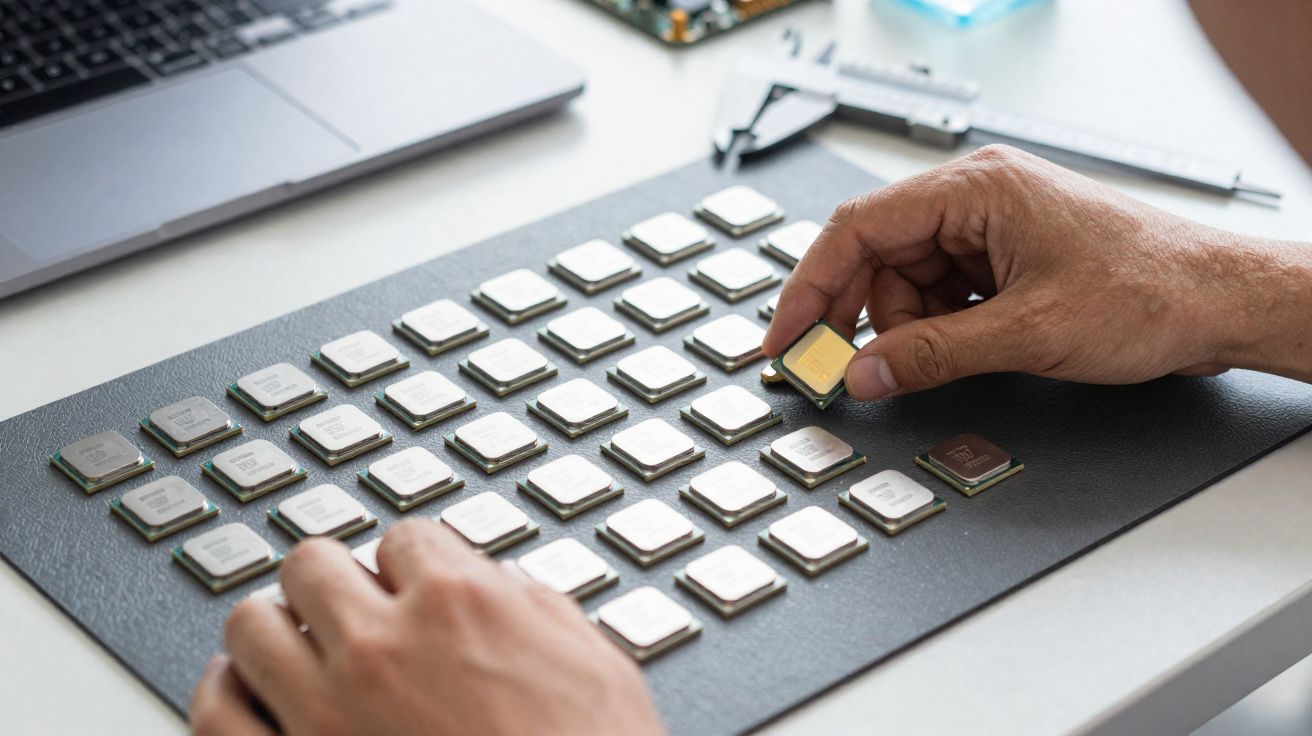 Mãos manipulam e organizam vários processadores de computador sobre uma superfície preta junto a um portátil.