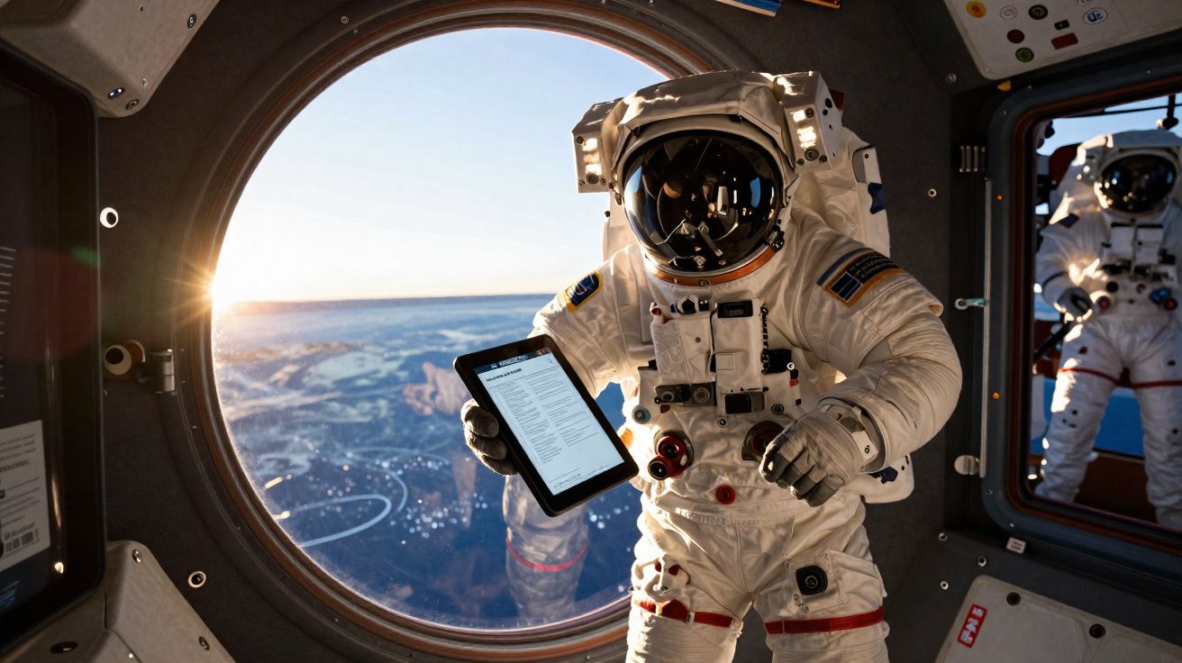 Astronauta em traje espacial com tablet dentro de uma estação espacial com vista para a Terra.
