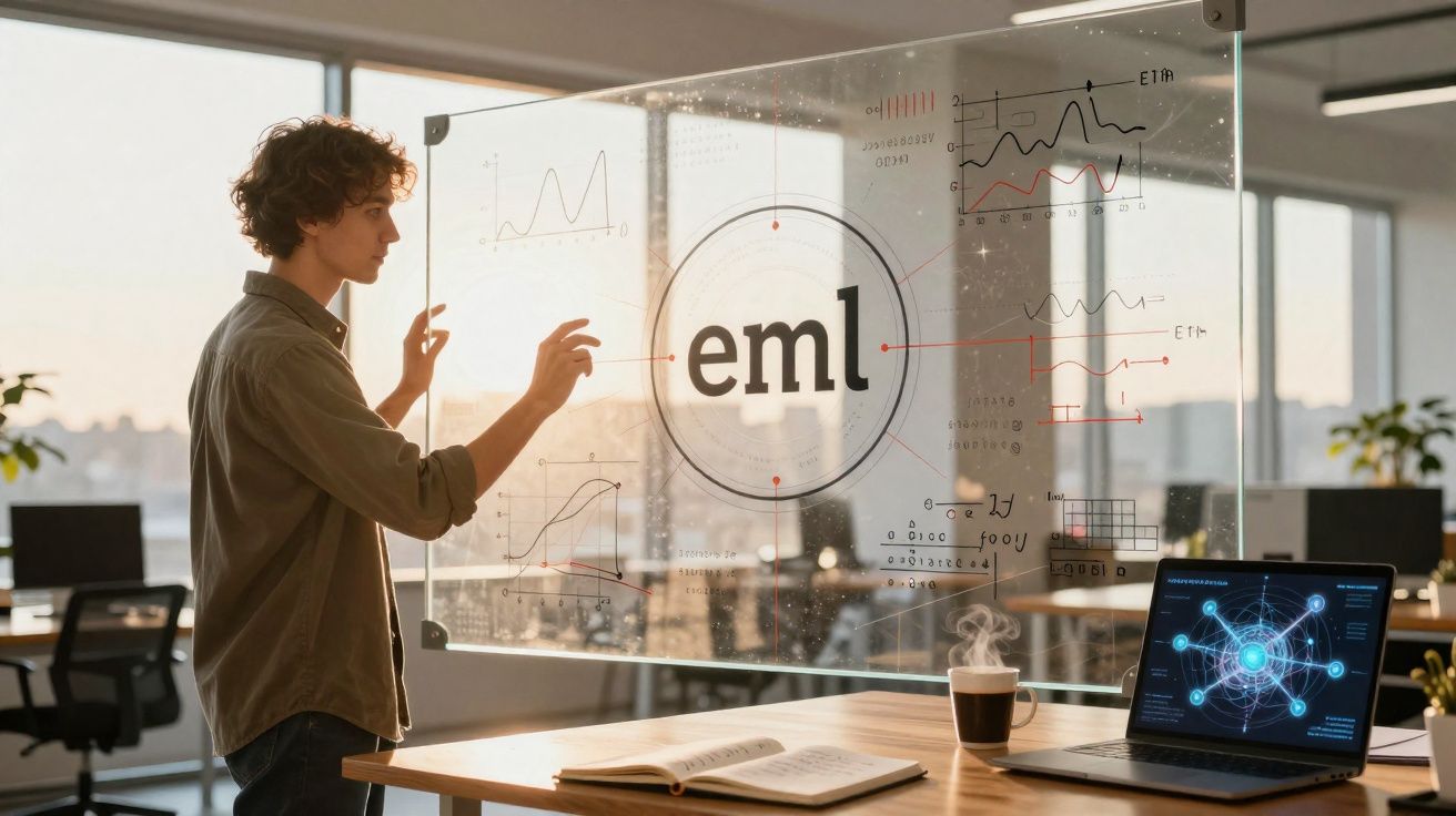 Homem a interagir com painel digital transparente com gráficos e laptop numa sala de escritório moderna.