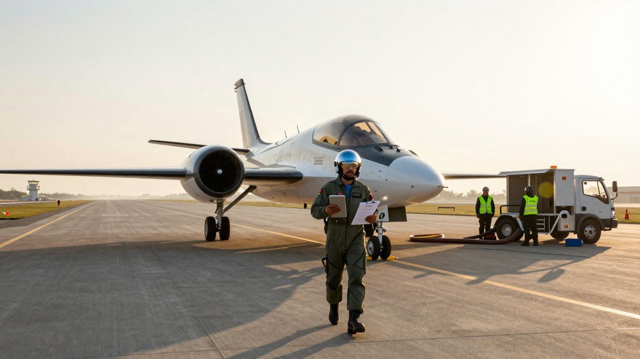 Piloto com capacete e fatos de voo caminha perto de um avião privado num aeroporto ao amanhecer.