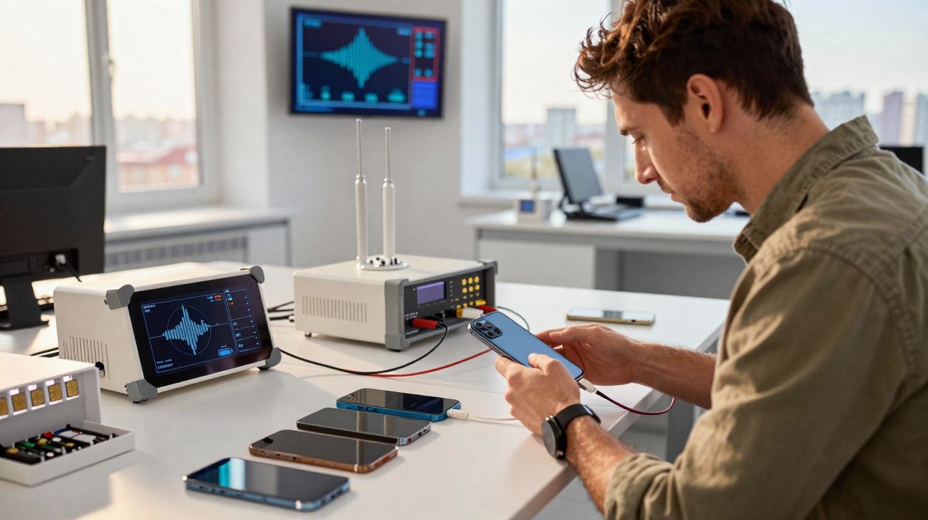 Homem a testar vários smartphones num laboratório de tecnologia com equipamentos de análise eletrónica.