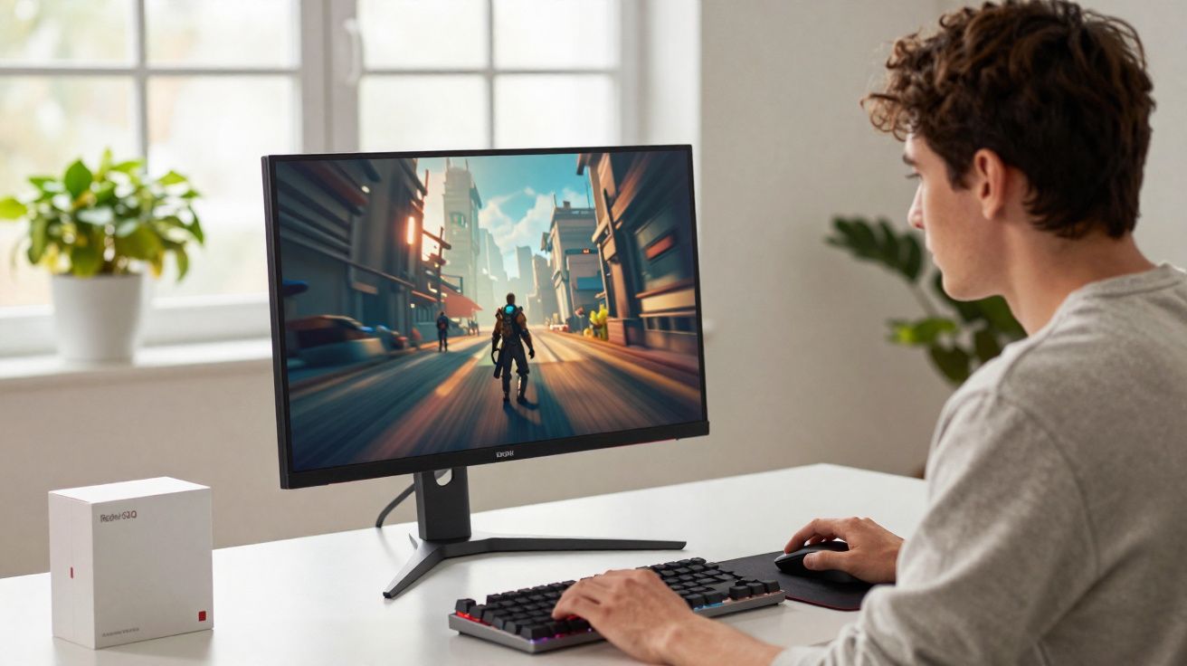 Homem a jogar videojogo num computador com fundo luminoso de janela e planta em vaso.