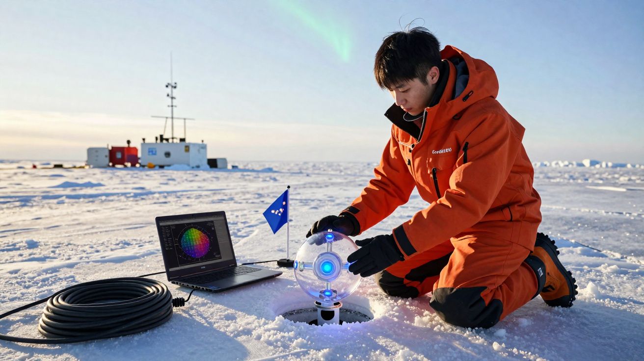 Pessoa em fato térmico laranja manipula dispositivo esférico em gelo ao lado de computador e edifício no horizonte.