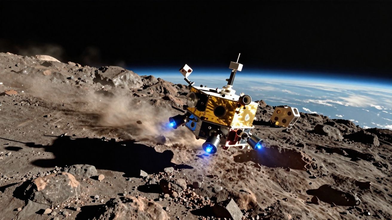 Sonda espacial a voar acima de uma superfície rochosa com a Terra visível ao fundo no espaço.