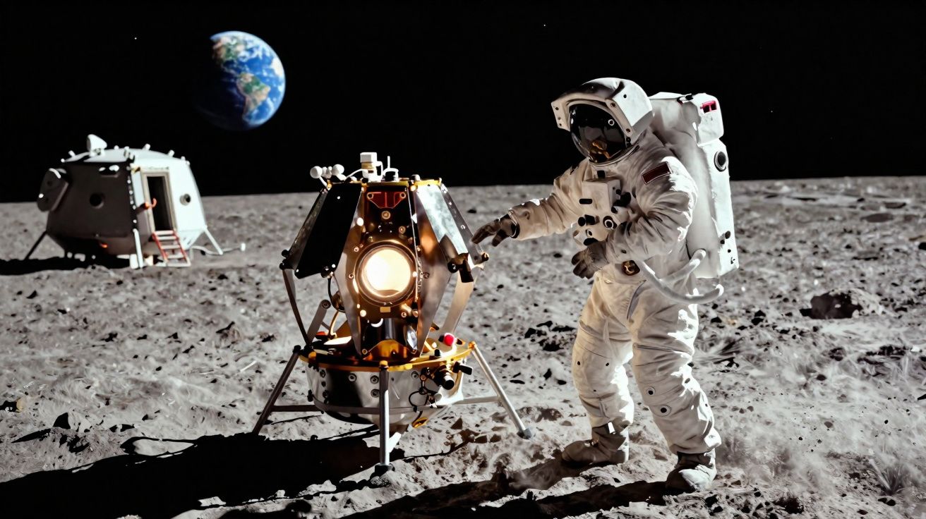 Astronauta em fato espacial na superfície da lua com módulo lunar e Terra visível ao fundo.