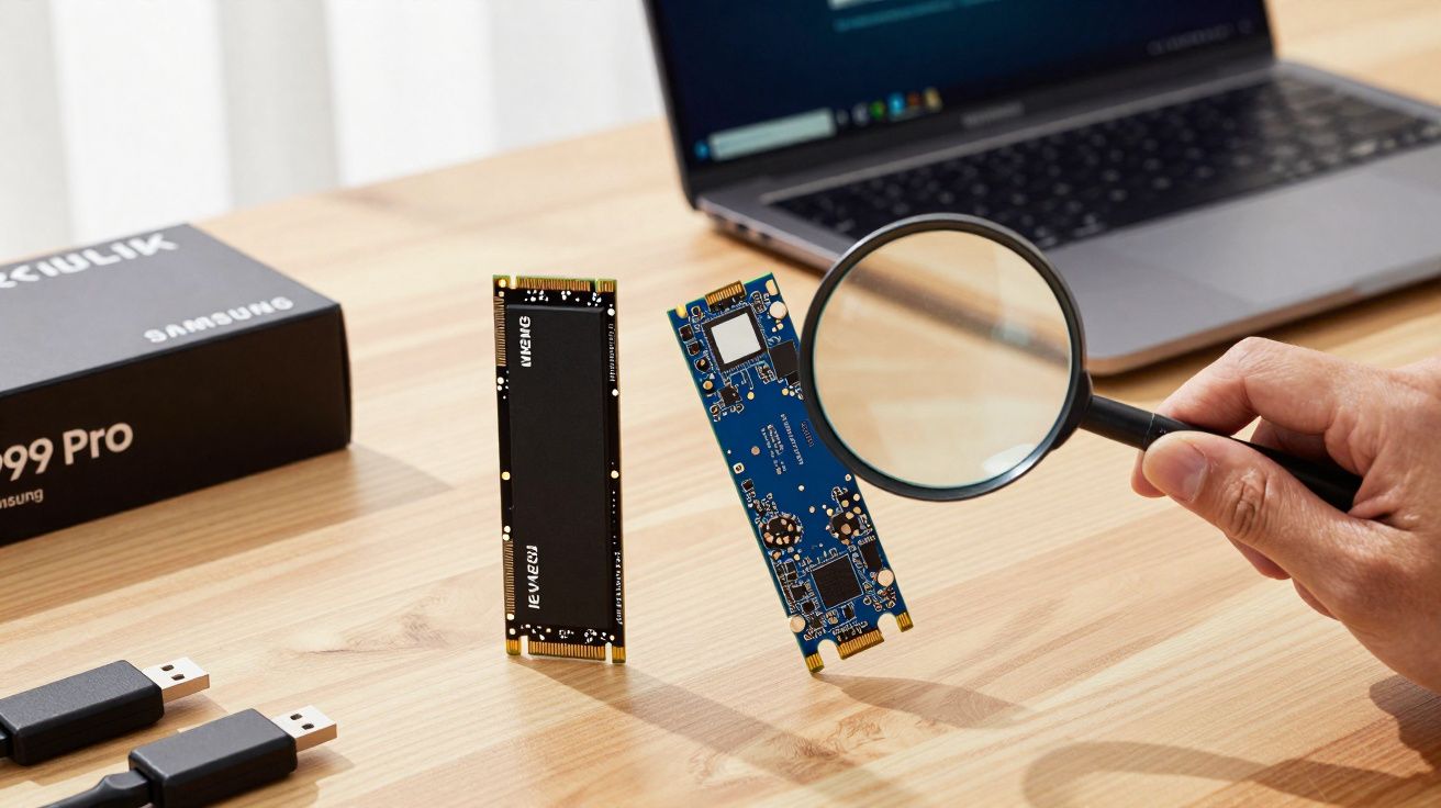 Mãos a segurar uma lupa a analisar componentes eletrónicos numa mesa com portátil ao fundo.