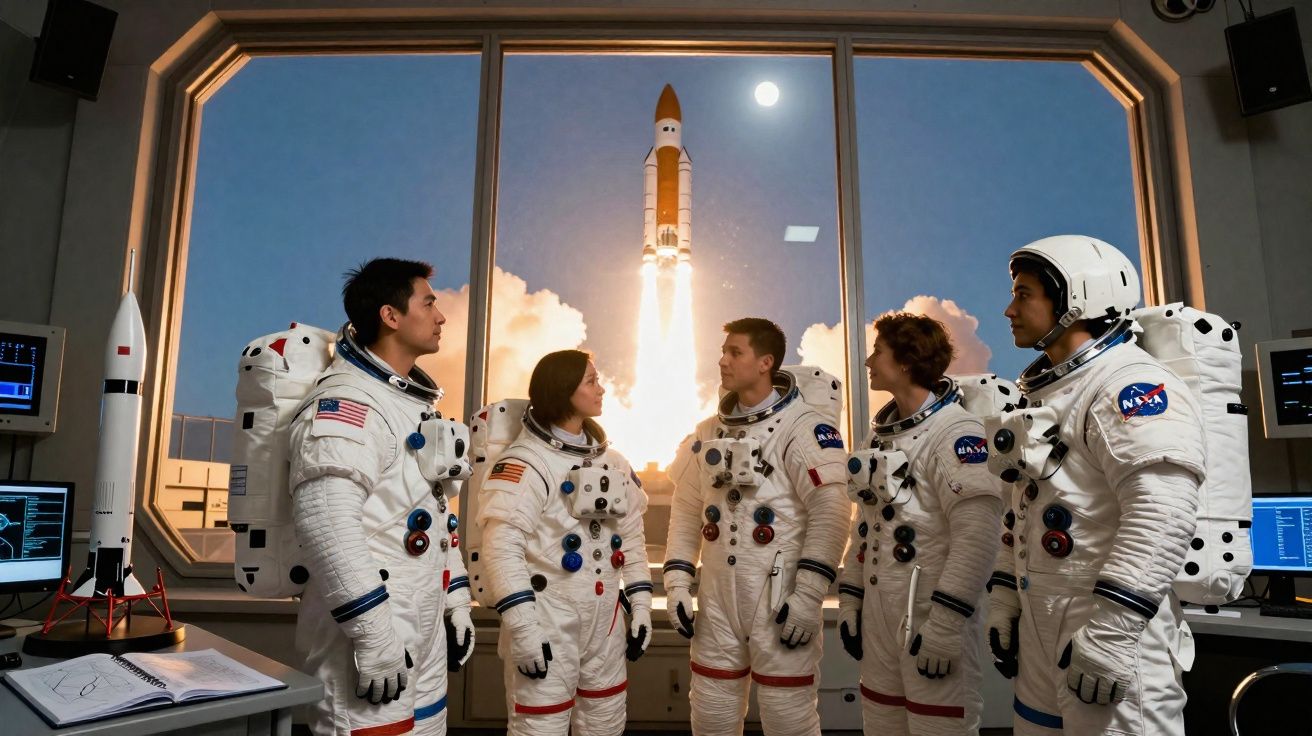 Cinco astronautas da NASA em fatos espaciais observam o lançamento de um foguetão através de uma janela.