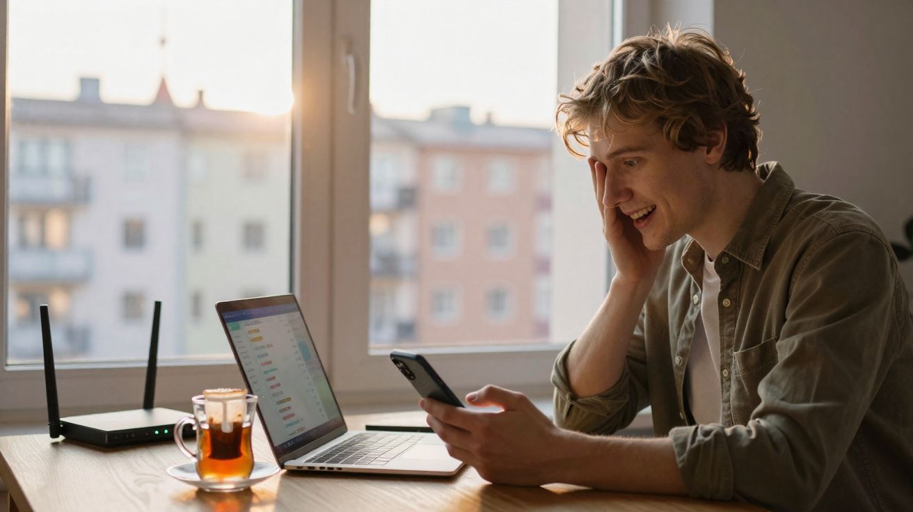 Homem sentado à mesa com portátil e telemóvel, sorrindo enquanto olha para o ecrã, junto a uma janela.