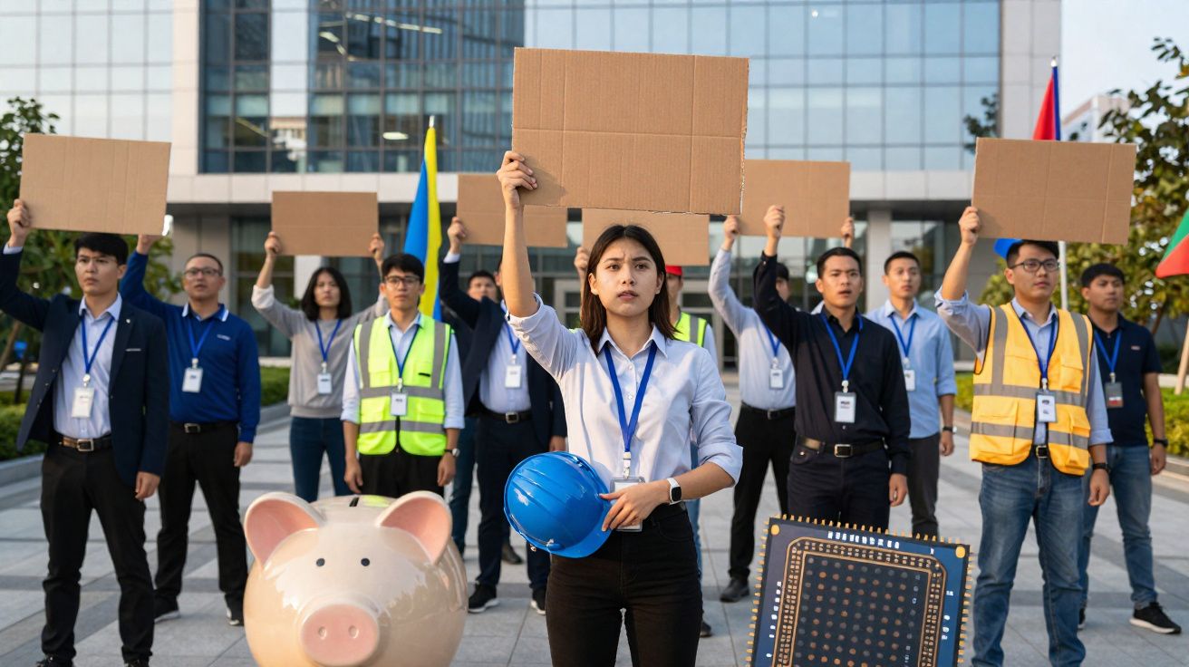 Grupo de trabalhadores em protesto com placas e capacete azul diante de edifício empresarial.