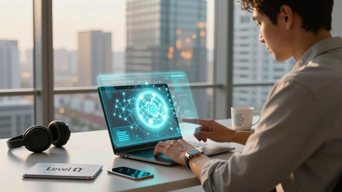 Homem sentado à secretária interage com holograma tecnológico num computador portátil num escritório moderno.